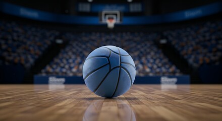 A dramatic low-angle view of a basketball court with vibrant blue lighting, focusing on a single basketball at center court, conveying energy and anticipation. 