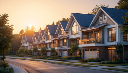 Obraz premium Sunrise Illuminates Modern Townhouse Row