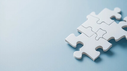 Obraz premium White puzzle pieces fitting together on light blue background, symbolizing teamwork, connection, and creative problem solving