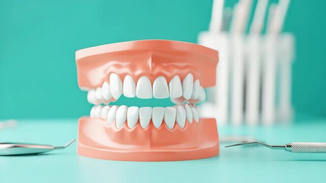 Dental model featuring white teeth and oral care tools on blue background, bright hygiene and health concept with essential dental equipment for effective teeth care and oral hygiene maintenance