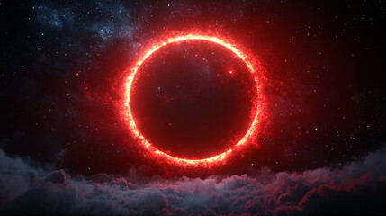 Obraz premium A mesmerizing cosmic scene featuring a glowing circular red phenomenon surrounded by glittering stars in deep space. A vibrant, mysterious landscape evoking wonder, energy, and the unknown universe.