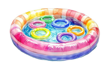 Colorful Inflatable Pool with Float Rings in a Water Splash isolated on transparent white background, clipping path