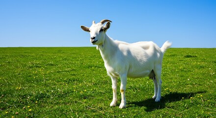 Obraz premium Majestic White Goat Grazing in a Lush Green Pasture under a Clear Blue Sky