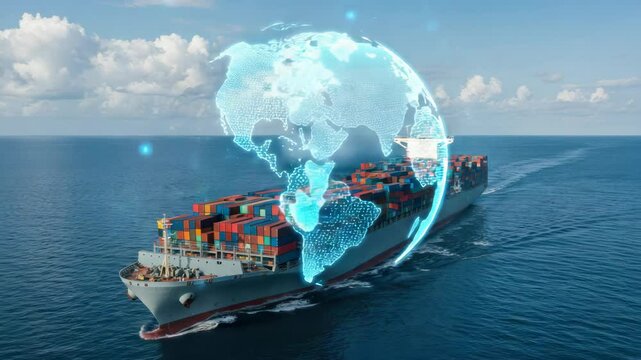 Global cargo ship with superimposed world map - Powered by Adobe