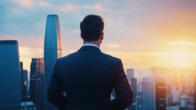 Man in suit back view observing urban city skyline at sunset with warm light, skyscraper and office buildings creating reflective business atmosphere