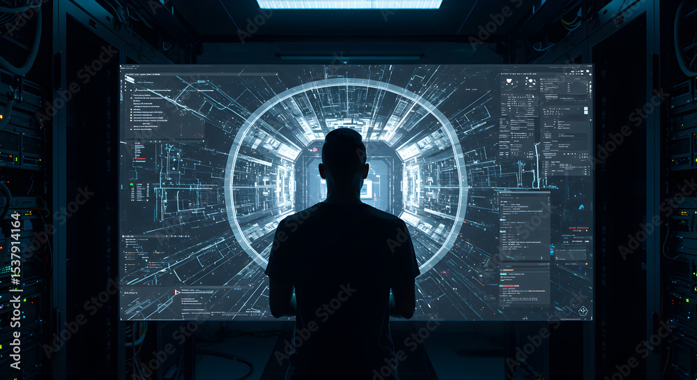 Poster Man viewing data analysis on a large screen in a data center environment