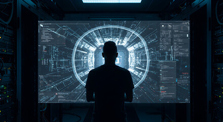 Man viewing data analysis on a large screen in a data center environment