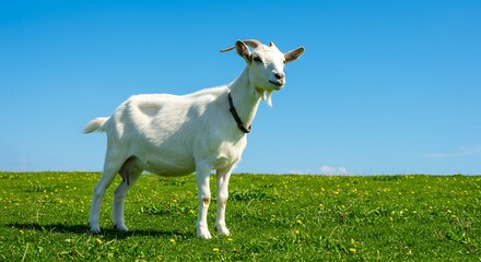 Obraz premium Majestic White Goat in a Lush Green Pasture under a Vivid Blue Sky