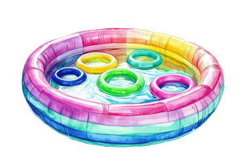 Colorful Inflatable Pool with Float Rings in a Water Splash isolated on transparent white background, clipping path