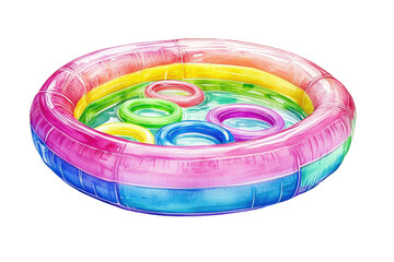 Colorful Inflatable Pool with Float Rings in a Water Splash isolated on transparent white background, clipping path