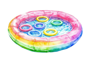 Colorful Inflatable Pool with Float Rings in a Water Splash isolated on transparent white background, clipping path