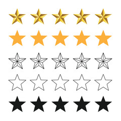 Five stars customer product review icon set, featuring yellow 5 star rating flat icons for apps and websites. Represents quality, customer rating