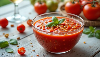 A refreshing bowl of vibrant gazpacho, garnished with finely diced cucumber and bell peppers, exquisitely presented in a clear glass bowl on a light, rustic wooden surface