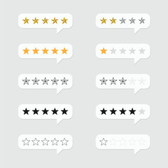 Five star rating, positive feedback style collection. Customer review with five metallic golden stars in speech bubble. Service satisfaction, quality, good rate illustration.