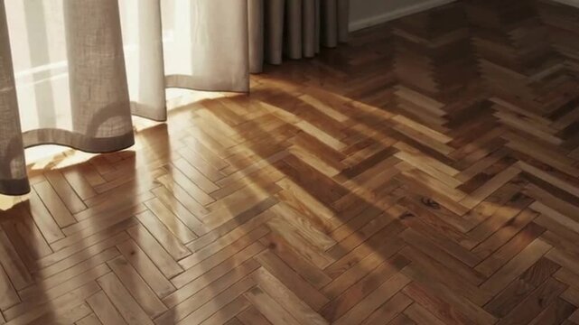 Sunlight streaming through sheer linen curtain onto herringbone wooden floor, slow-moving light pattern, neutral and elegant mood