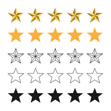 Five stars customer product review icon set, featuring yellow 5 star rating flat icons for apps and websites. Represents quality, customer rating