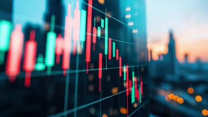 Stock market chart with red and green candlestick bars showing financial data and trading activity digital screen with blurred cityscape background sunset conveying dynamic investment trends - Powered by Adobe