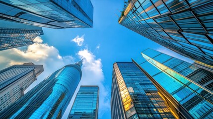 Worm's eye view of modern buildings and bright blue sky with wispy clouds