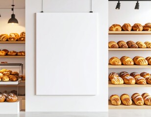 Bakery Interior with Blank Poster Mockup and Freshly Baked Goods Displayed on Shelves