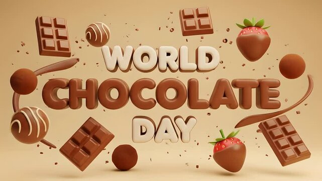 World Chocolate Day animation. Floating chocolates, truffles, strawberries & chocolate bars. Celebration of sweets, confectionery, bakery event, desserts, treat gifts, bakery ad. - Powered by Adobe