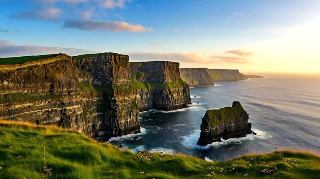 Breathtaking sunset over the Cliffs of Moher, showcasing rugged cliffs and ocean waves