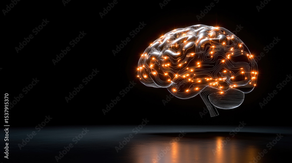 Poster glowing brain, neural network, digital circuit, artificial intelligence, futuristic, black backgroun