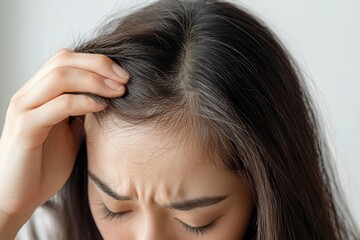 Fototapeta premium Serious, worried Asian young woman showing hair damage after brushing, with hair falling out on her hand due to health or beauty treatment issues., Generative AI