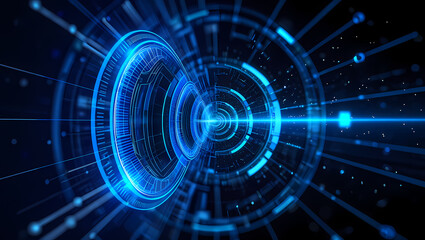 A vibrant blue digital tunnel of swirling data streams through a futuristic technological landscape