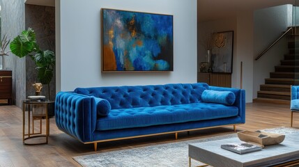 Luxurious blue velvet sofa in modern home interior with abstract art