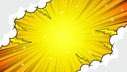 Comic background with clouds and rays.