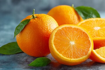 Fresh and Juicy Oranges Displayed Whole and Sliced with Green Leaves for Natural and Healthy Food Imagery