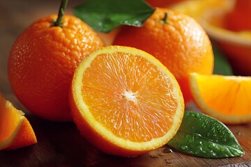 Fresh and Juicy Oranges Displayed Whole and Sliced with Green Leaves for Natural and Healthy Food Imagery
