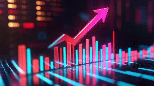 Rising red arrow with colorful bar chart digital screen showing financial growth and positive business trend vibrant neon bars and lines create dynamic and optimistic atmosphere colorful digital bar - Powered by Adobe