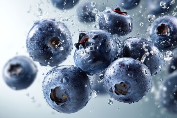 Fresh Blueberries Falling on White Background, Isolated Blue Berries with Water Droplets Capturing Freshness and Vibrancy for Culinary and Health Themes