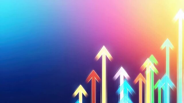 Colorful arrow graphic with upward direction on vibrant gradient background symbolizing growth progress success dynamic energetic style bright digital art positive trend illustration
