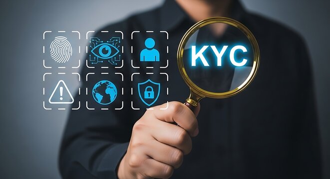 Know Your Customer KYC Verification Concept.Biometric Authentication and KYC Compliance Process ,User Data Verification and Risk Prevention Using KYC ,authentication,data,compliance,shield,alert,lock.
