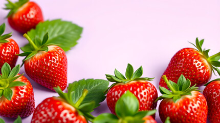 Fresh strawberries with green leaves resting on purple surface