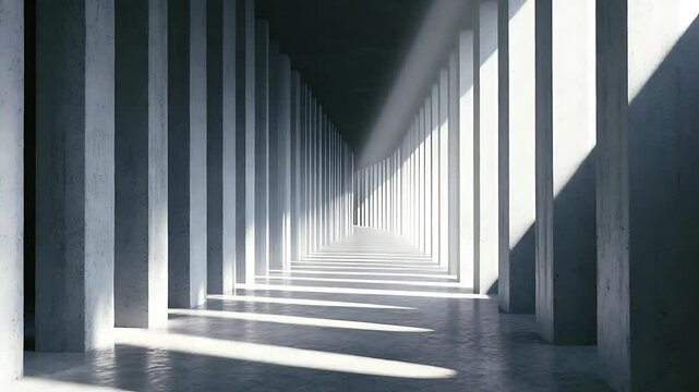Modern architectural corridor with concrete pillars and dramatic lighting creating a serene atmosphere