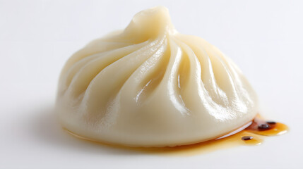Hyperrealistic Photograph of Delicate Dumpling with Sauce on White Background Emphasizing Texture and Detail