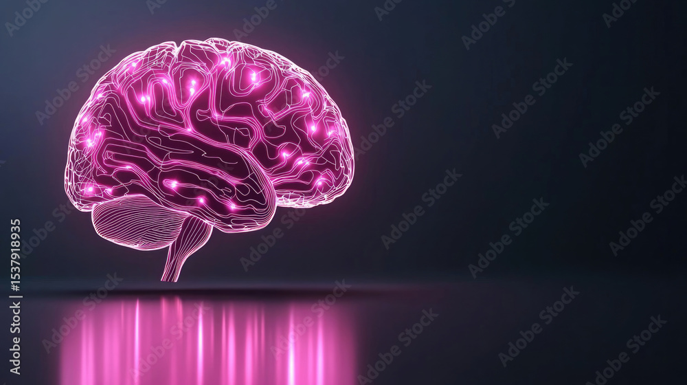 Poster bright neon brain with circuit pattern glowing on dark background, futuristic, technology, digital, 