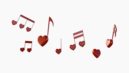A 3d rendering of playful and romantic arrangement of red musical notes, each uniquely incorporating a heart shape. A visual metaphor for "love notes" or "music from the heart."