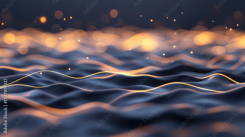 Wall mural abstract digital wave pattern with glowing particles. a dark, blurry surface with wavy lines of ligh