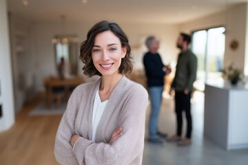 Obraz premium Professional real estate agent giving a house tour to clients, standing in a modern living room