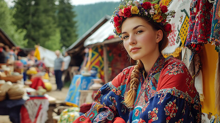 Fototapeta premium Illustration of Mountain Culture at Carpathian Folk Crafts Event – AI Generated