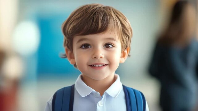Smiling child with backpack and brown hair, happy preschooler casual clothing, indoor school portrait of boy with bright smile, confident young boy indoor setting, cheerful school kid with backpack