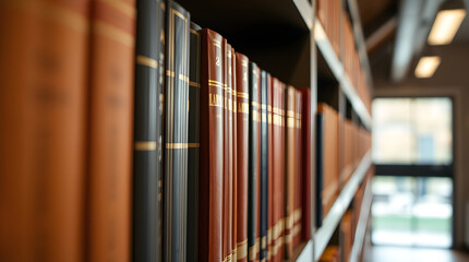 Library bookshelf holding legal and history books in university interior