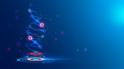 DNA is hanging over a digital virtual podium. DNA molecule vector illustration or science background. The virtual projection of structure of the DNA molecule. Genetic engineering and editing gene.
