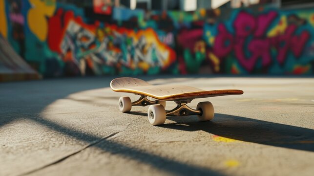 Skateboard in urban skatepark with graffiti wall - Powered by Adobe