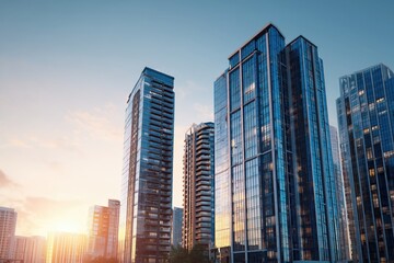 Fototapeta premium Modern high-rise buildings and residential apartments in a city skyline at sunset