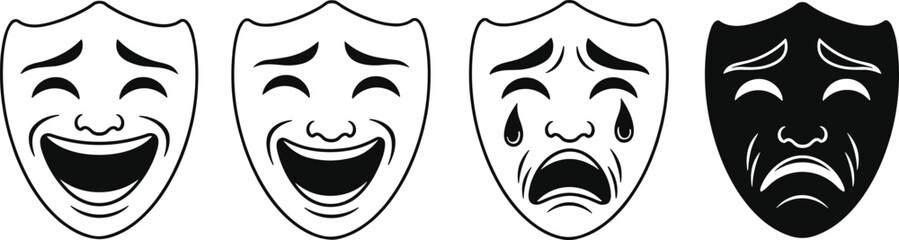 Comedy and tragedy face masks, emotional theater icons, classic drama expressions, happy sad vector art, black and white illustration, performance symbol